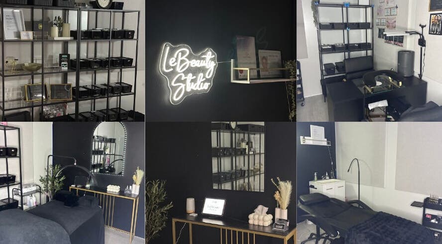 Modern interiors at LeBeauty Studio, Mandurah, Western Australia, AU with sleek shelving and subtle lighting.