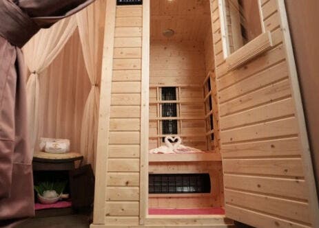 Warm wooden sauna at The Ruumah Spa Signature, Petaling Jaya, Selangor, MY offering relaxation and tranquility.