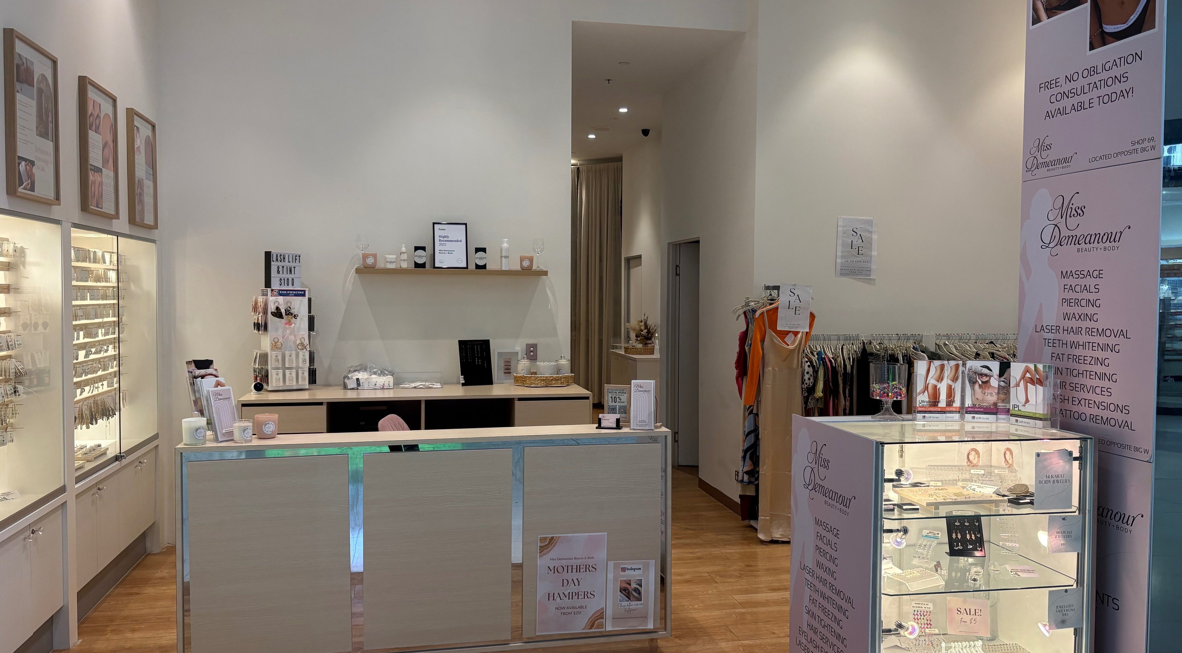 Reception area at Miss Demeanour Beauty and Body in Lilydale, Victoria, AU with stylish displays and beauty products.