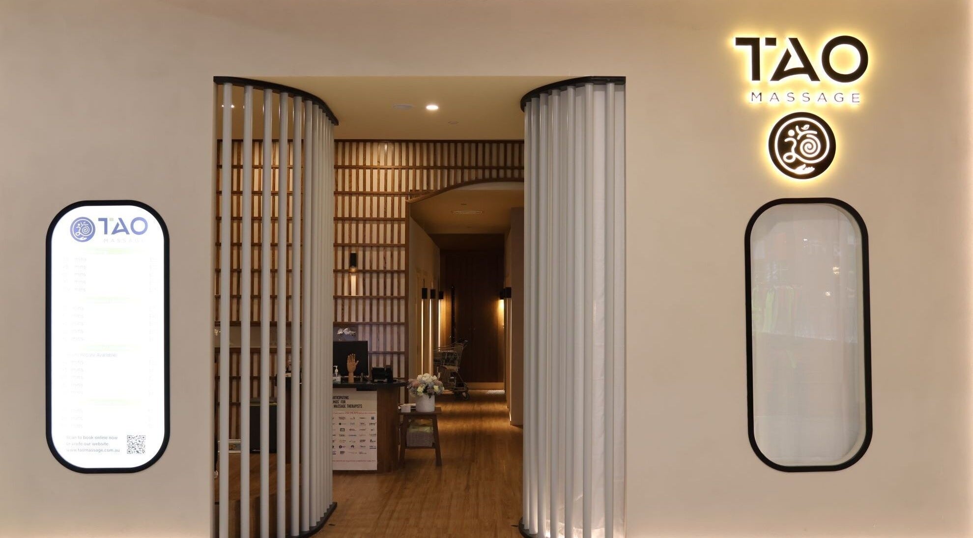 Entrance of Tao Massage Maddingley in Bacchus Marsh, Victoria, AU, showcasing its elegant design.