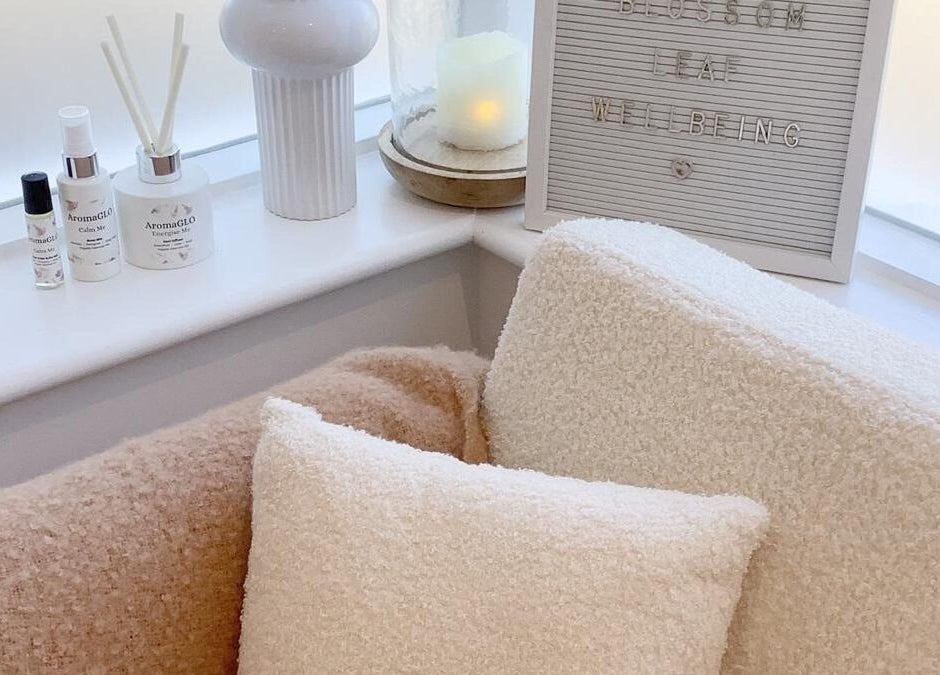 Relaxing corner in Blossom Leaf, Bognor Regis, England, GB with aroma candles and cushions.