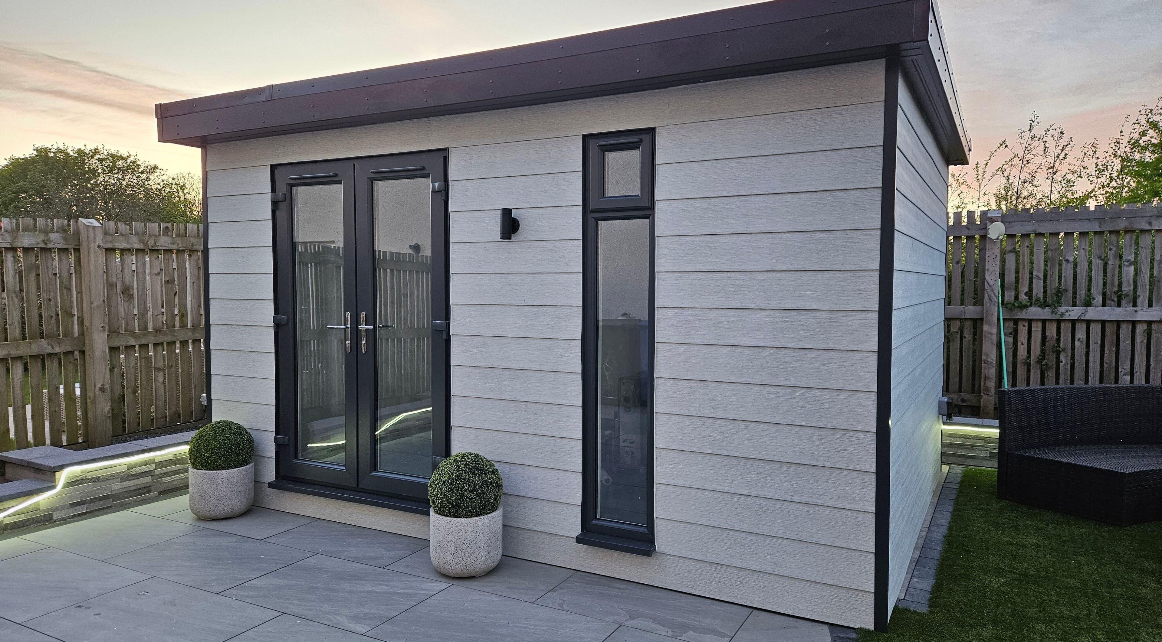 Modern exterior of Bella Vida Beauty at Crossgates, Scotland, GB, featuring sleek design and cozy outdoor space.