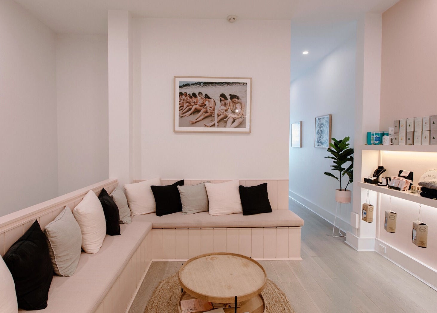 Cozy lounge at Bump Day Spa, Double Bay, New South Wales, AU with soft pillows and modern decor.