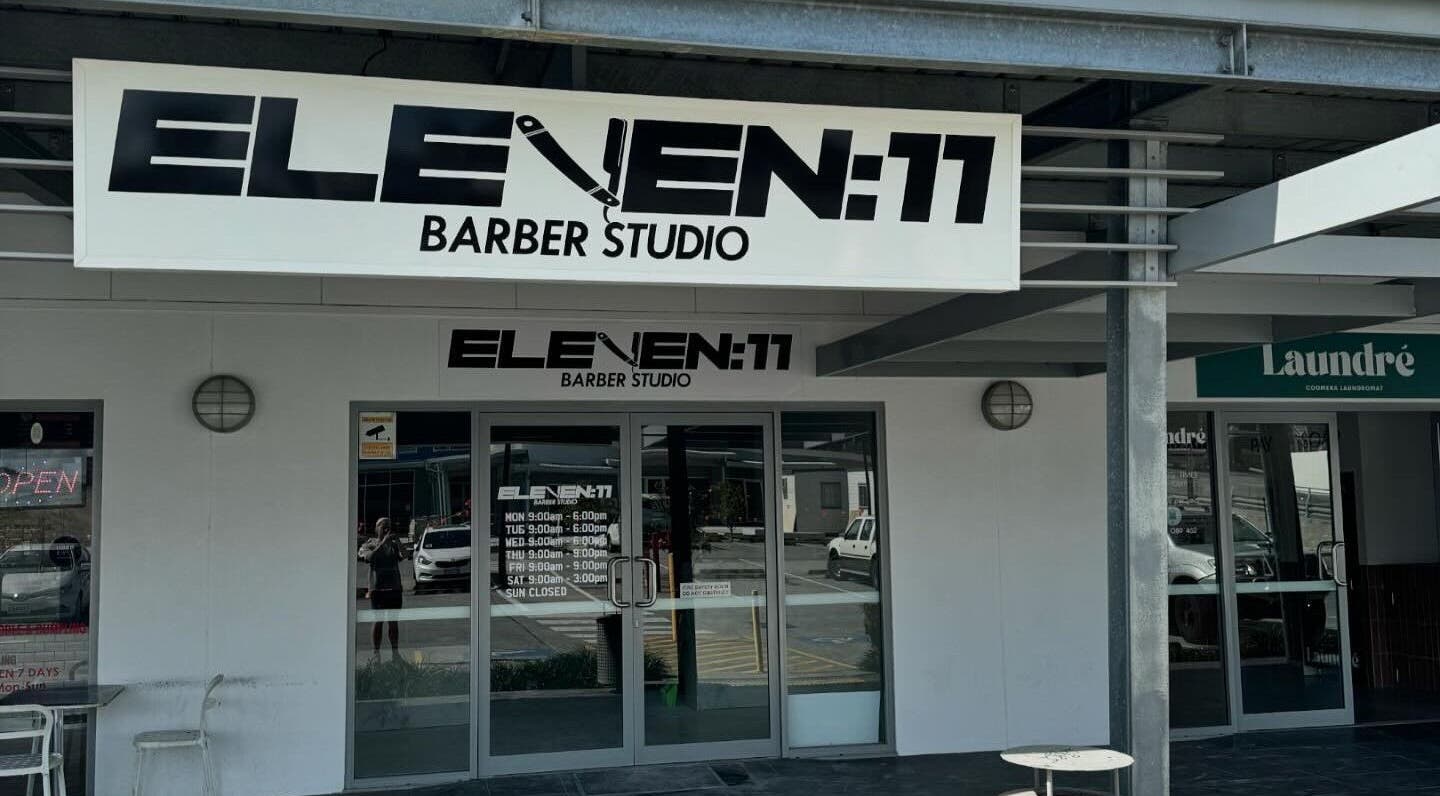 Entrance of Eleven 11 Barber Studios at Coomera, Queensland, AU with bold signage.