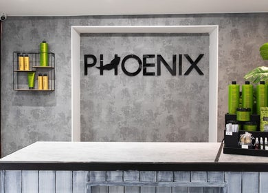 Reception desk at Phoenix Hair & Beauty in Wigan, England, GB, showcasing hair products on sleek shelves.