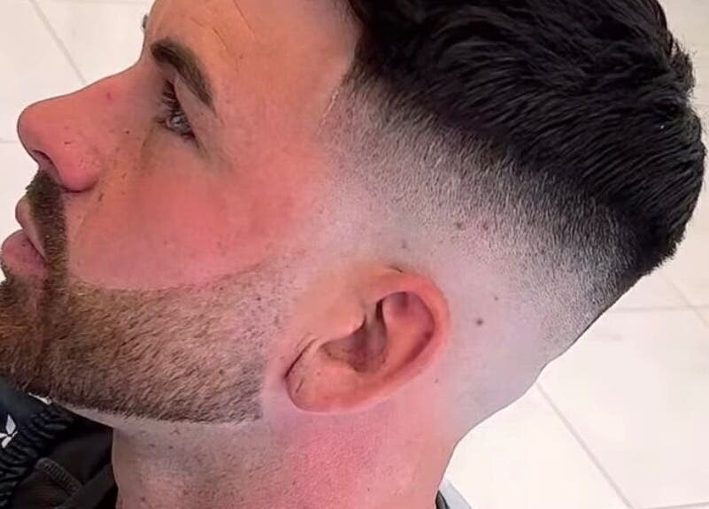 Close-up of men's sharp fade haircut at House Of Luxxe Barbers Ltd, Yate, England, GB.