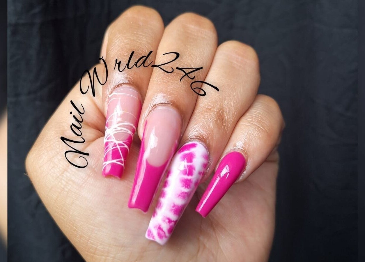 Elegant pink nail art from Nailwrld246, Saint James, Saint James, BB showcasing intricate designs.