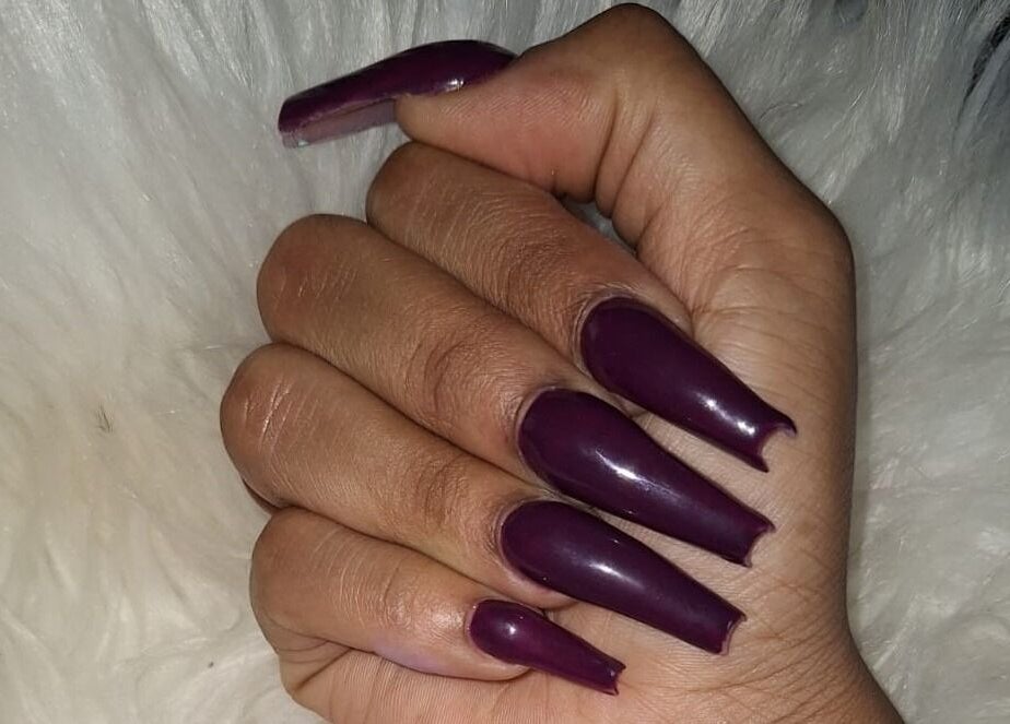 Stylish plum-colored nails at Nailwrld246, Saint James, Saint James, BB.