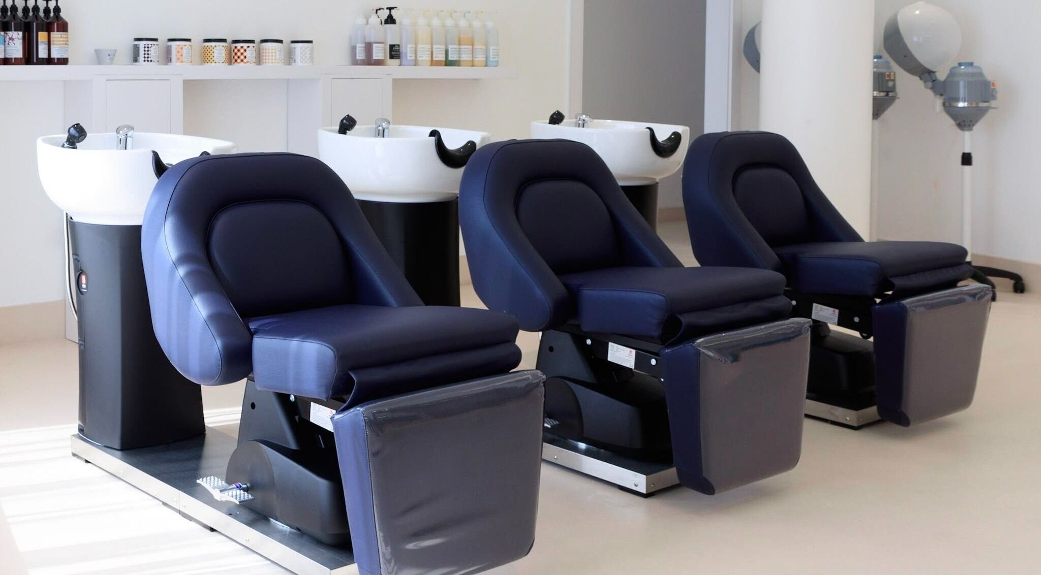 Modern wash stations at Be Bar Blow Dry Bar x Zabeel Ladies Club, Dubai, Dubai, AE, highlighting comfort and style.