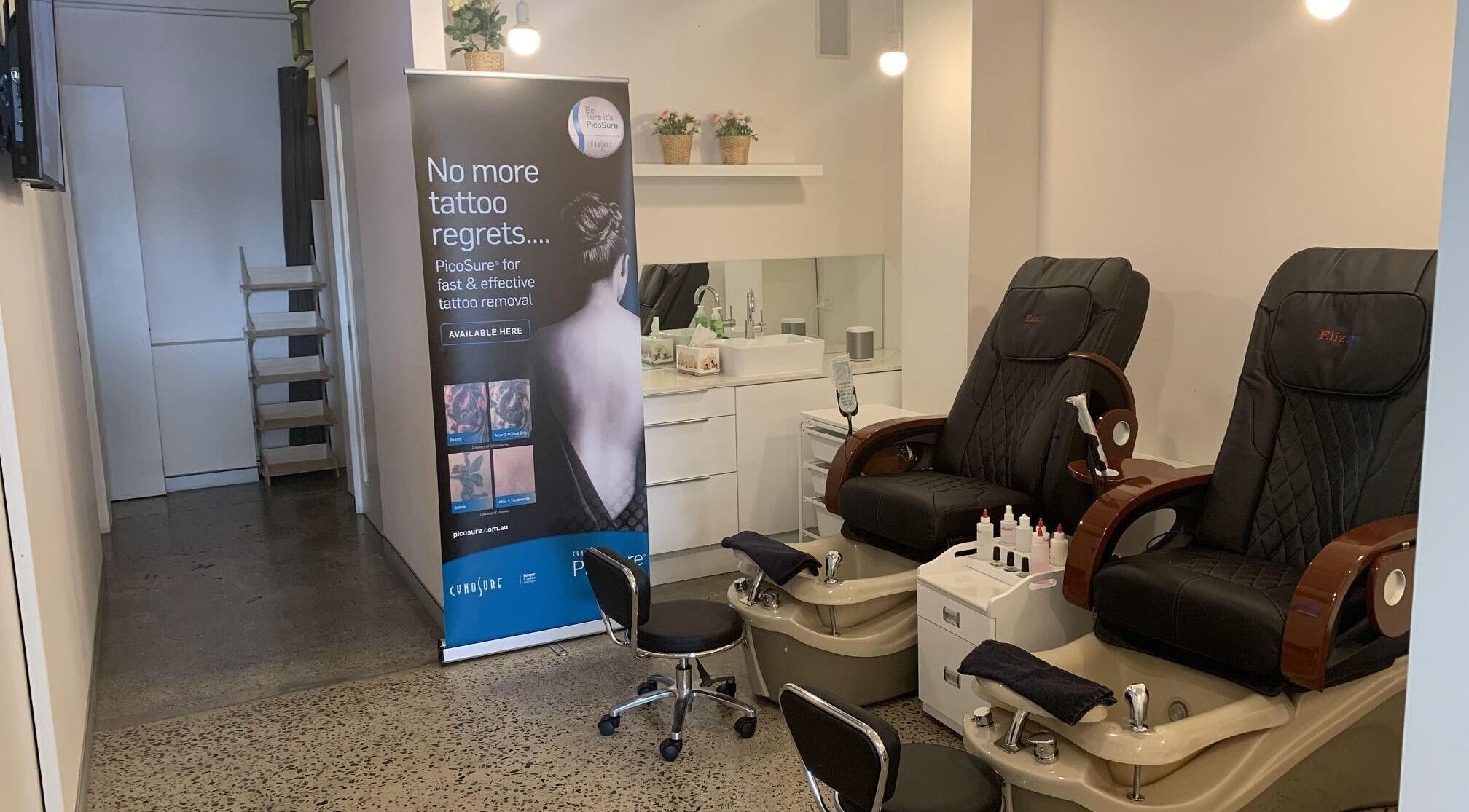 Cozy pedicure area at KAT Cosmetic Clinic, Cabramatta, New South Wales, AU with elegant chairs and spa equipment.