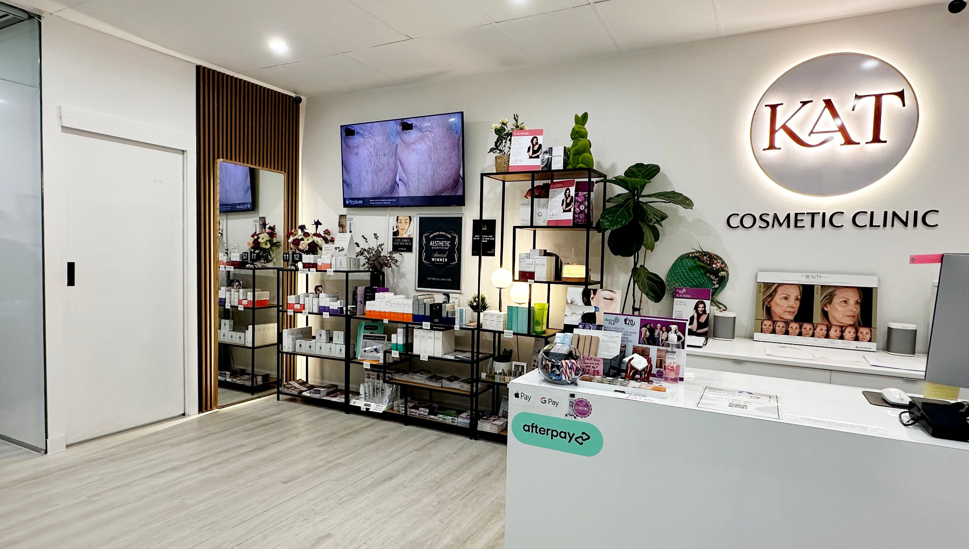 Modern reception area at KAT Cosmetic Clinic in Cabramatta, New South Wales, AU with sleek product displays.