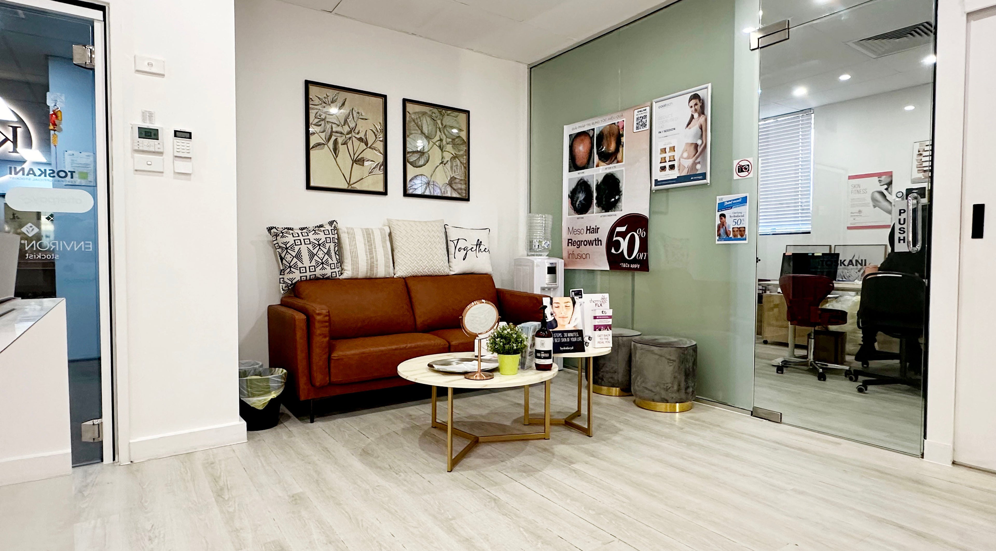 Inviting reception area at KAT Cosmetic Clinic, Cabramatta, New South Wales, AU with stylish decor.