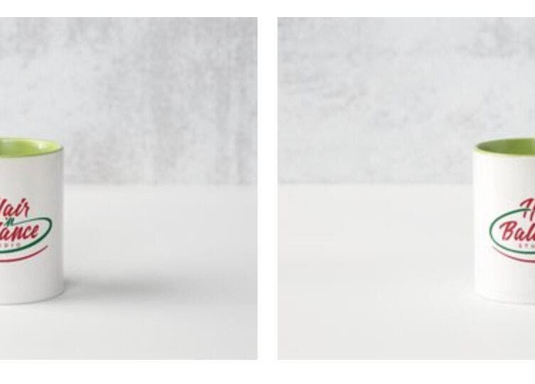 Hair 'n Balance Studio branded mugs on a table, Paramaribo, SR.