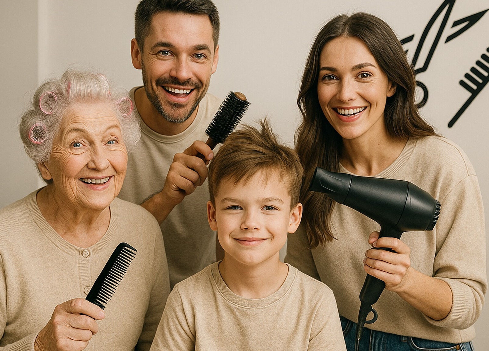 Rodina v STŘIHOMAT, Dr. M. Horákové 586, Liberec si užívá společné chvíle úpravy vlasů. Liberec, Liberecký Kraj, CZ.