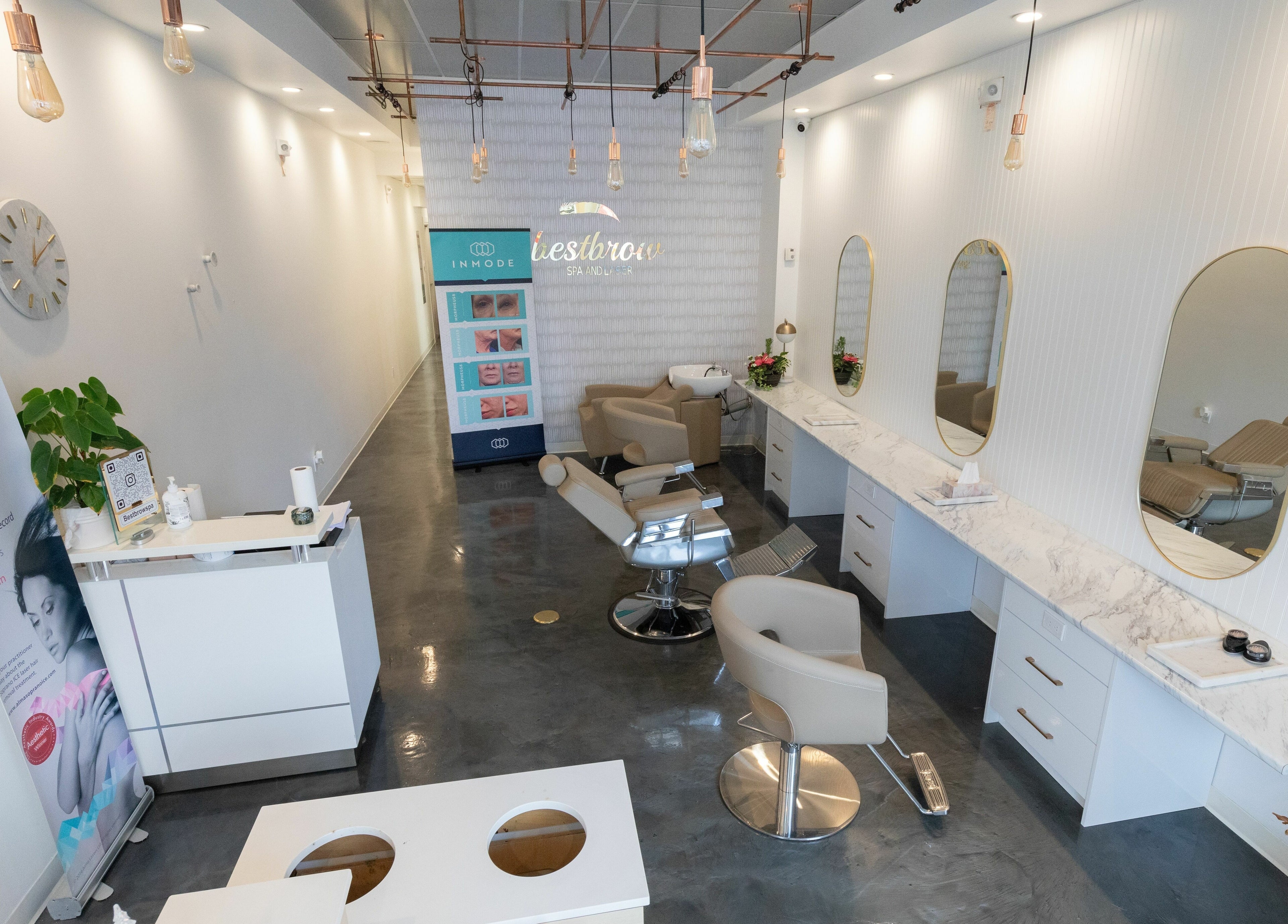 Elegant interior of Best Brow Spa, Vancouver, British Columbia, CA, showcasing chic modern design and styling chairs.