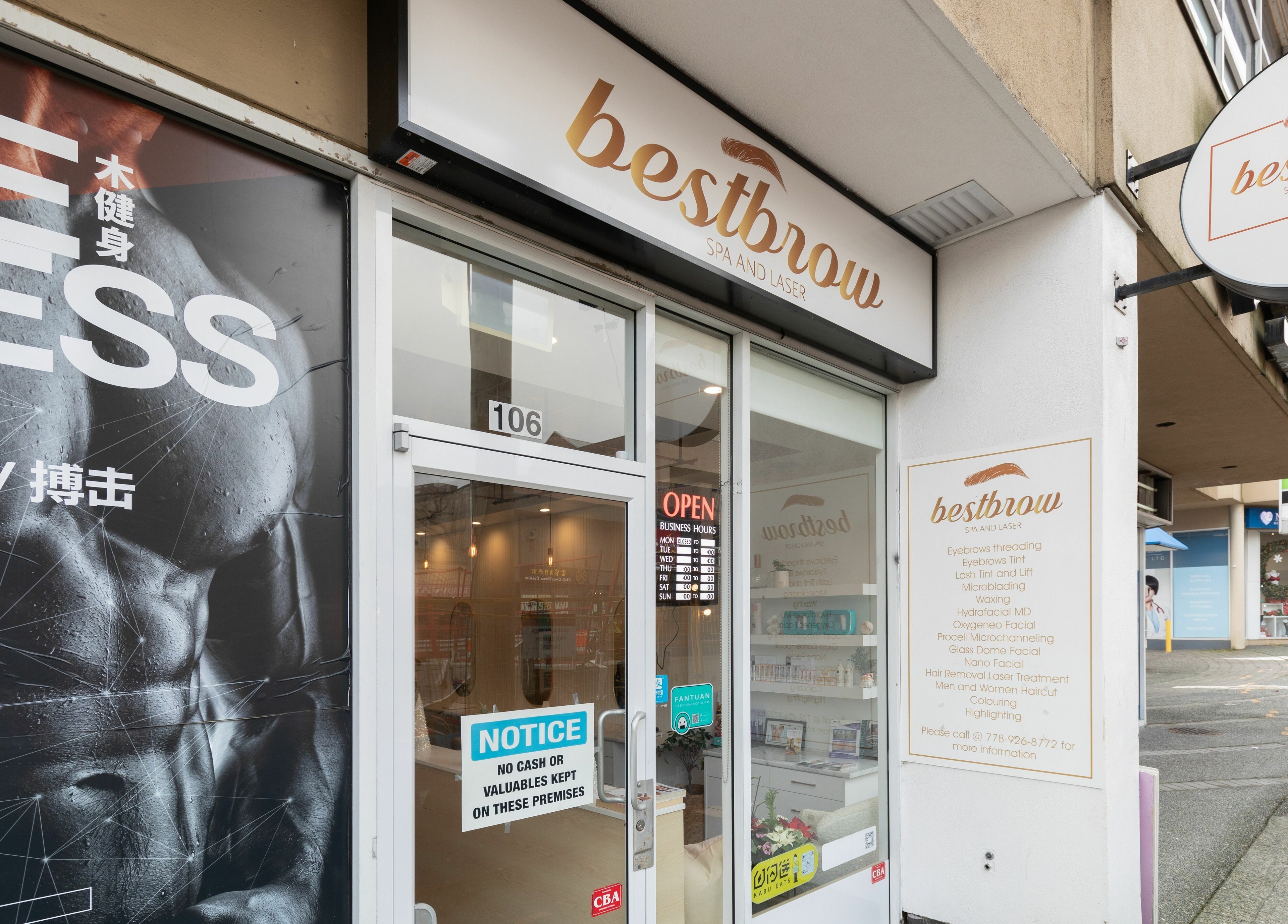 Entrance of Best Brow Spa in Vancouver, British Columbia, CA, showcasing modern spa signage and street view.
