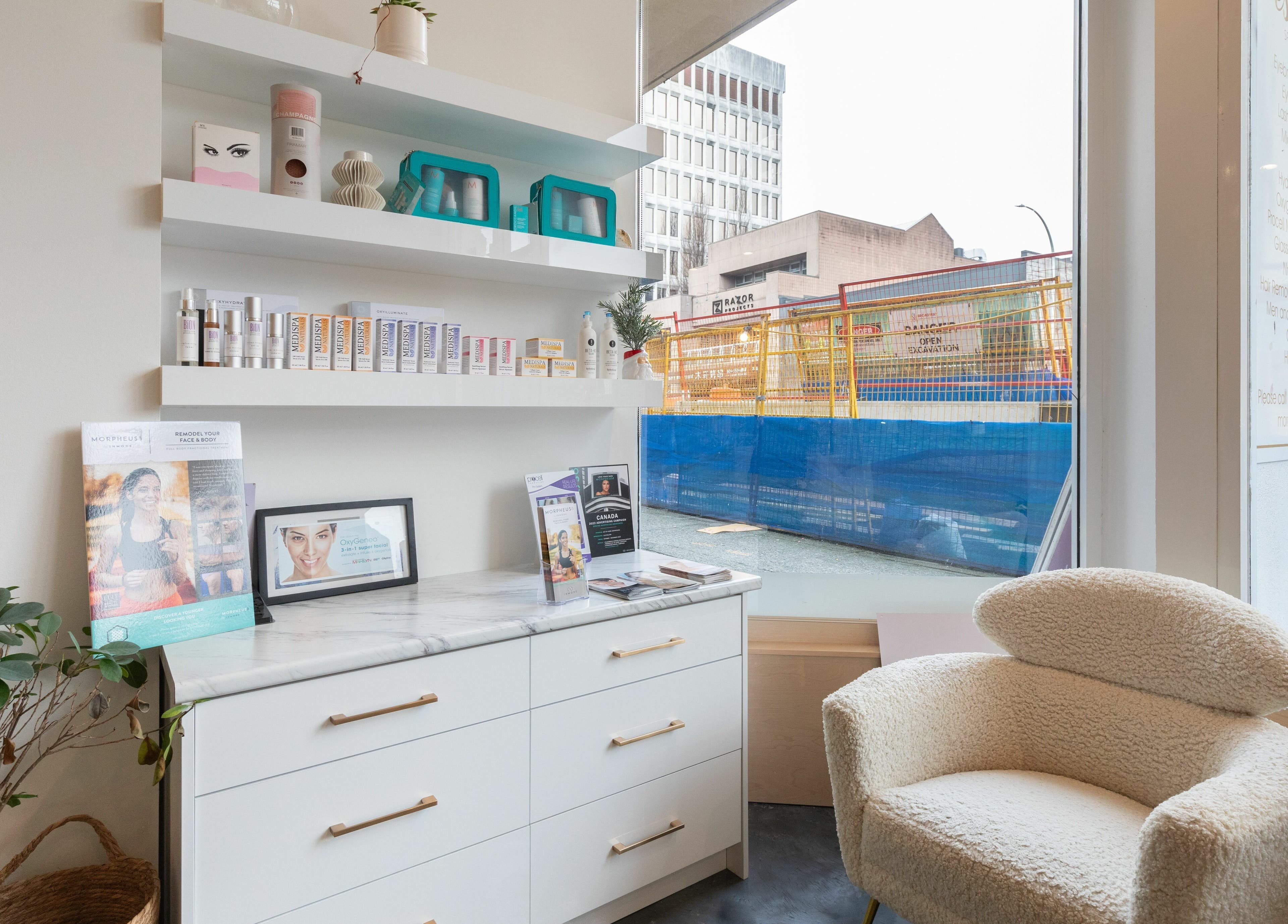 Modern reception area at Best Brow Spa, Vancouver, British Columbia, CA, featuring stylish decor and natural light.
