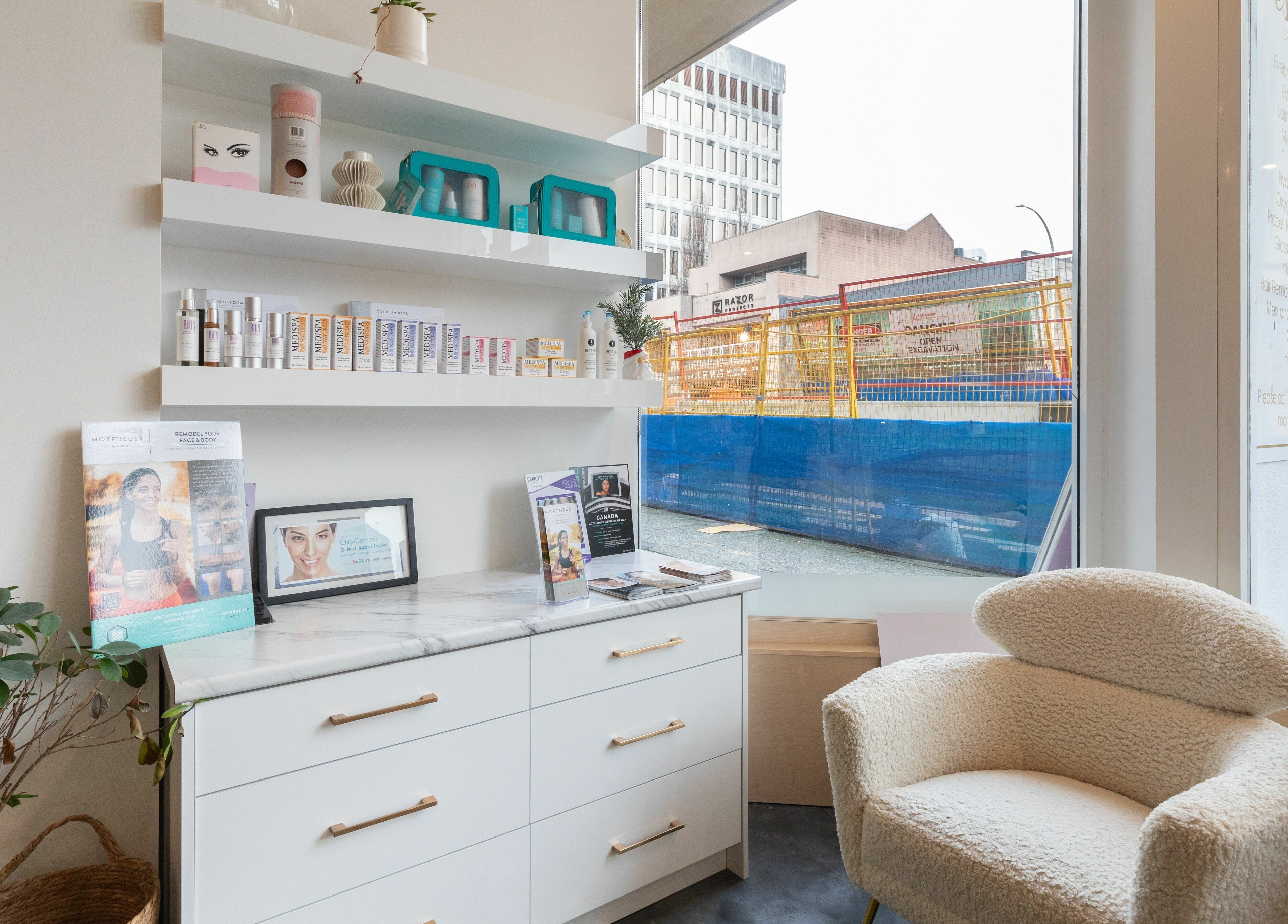Modern reception area at Best Brow Spa, Vancouver, British Columbia, CA, featuring stylish decor and natural light.