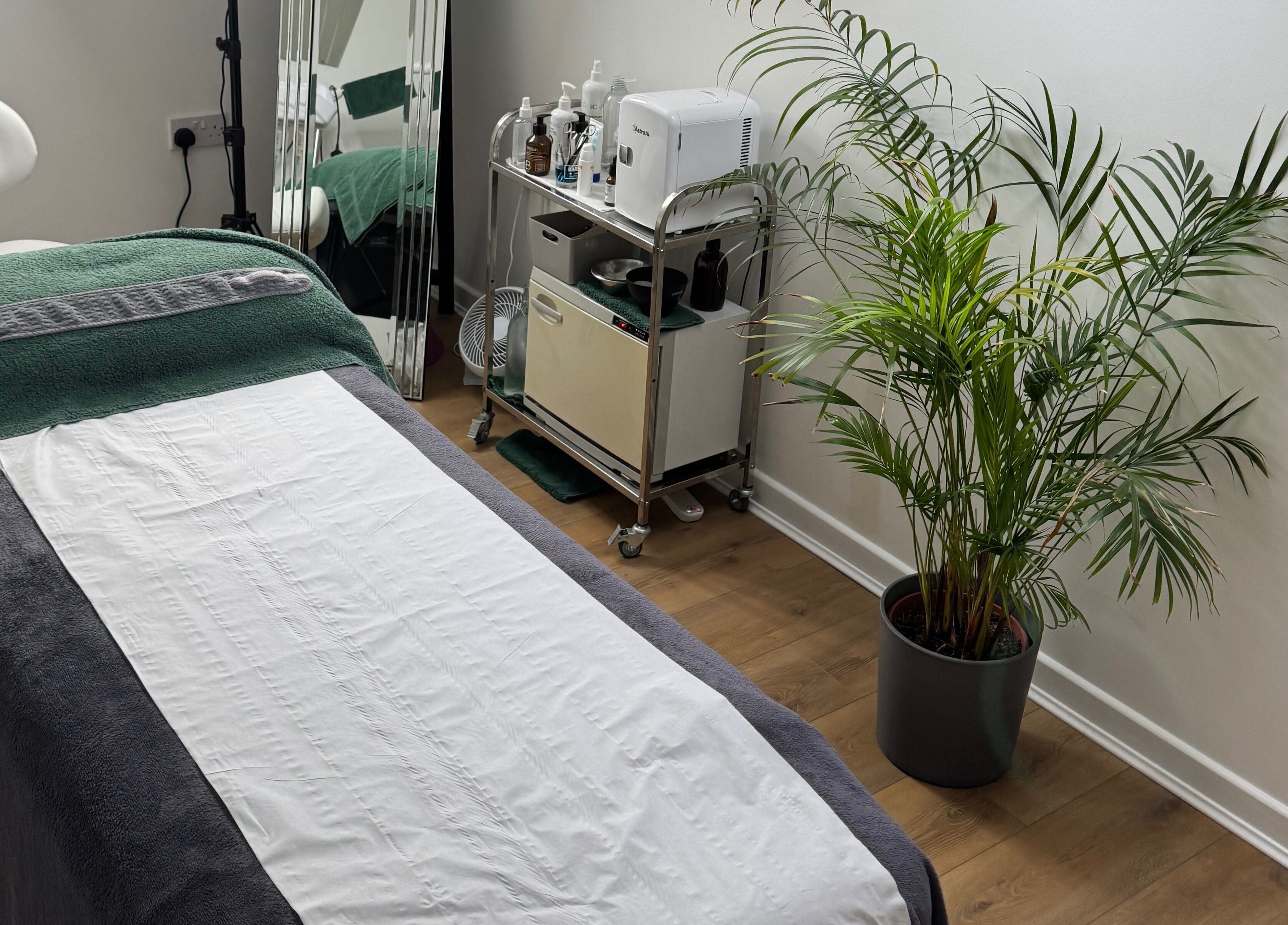 Tranquil treatment room at Natural Beauty Cardiff, featuring a massage table and lush plant, Cardiff, Wales, GB.