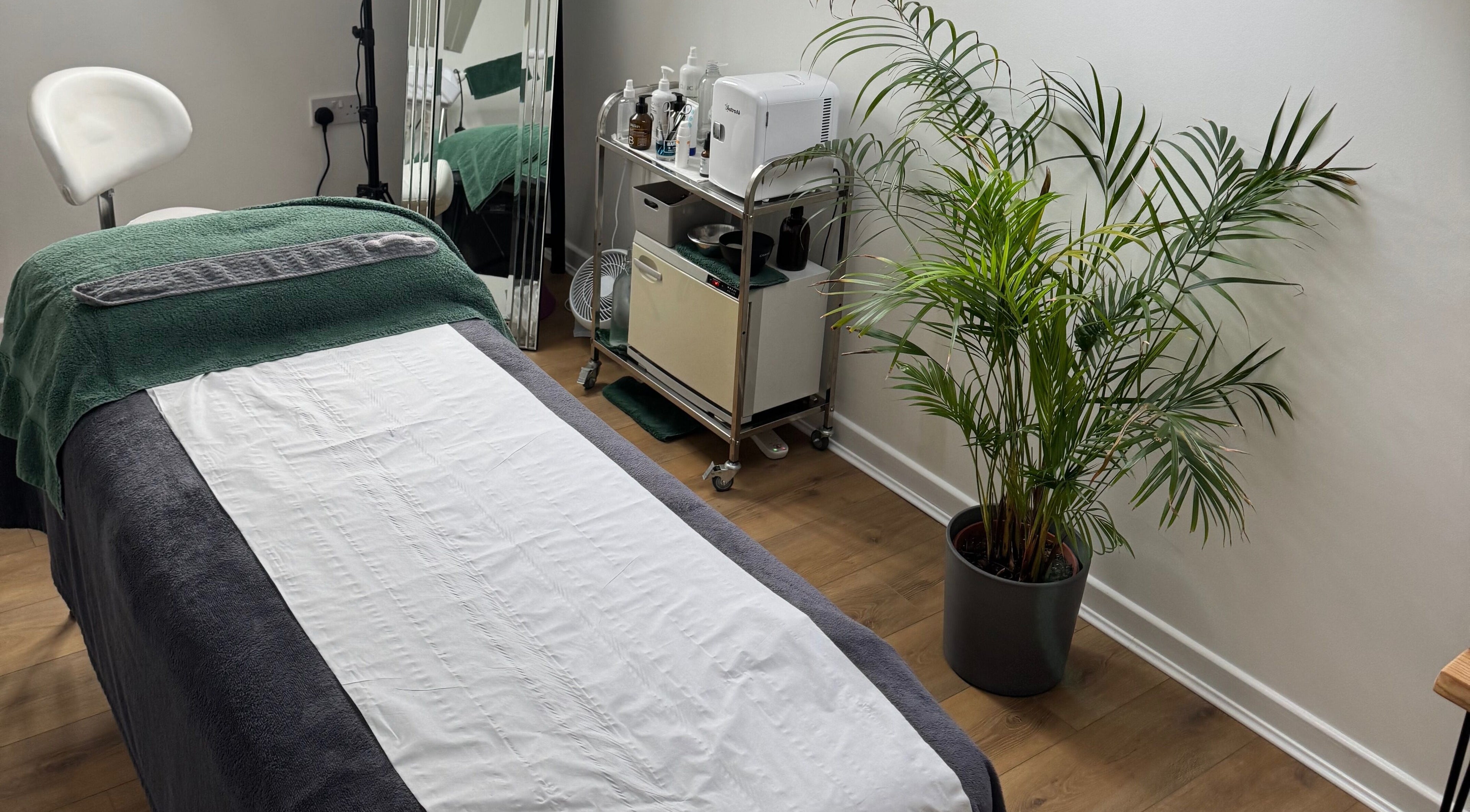 Tranquil treatment room at Natural Beauty Cardiff, featuring a massage table and lush plant, Cardiff, Wales, GB.