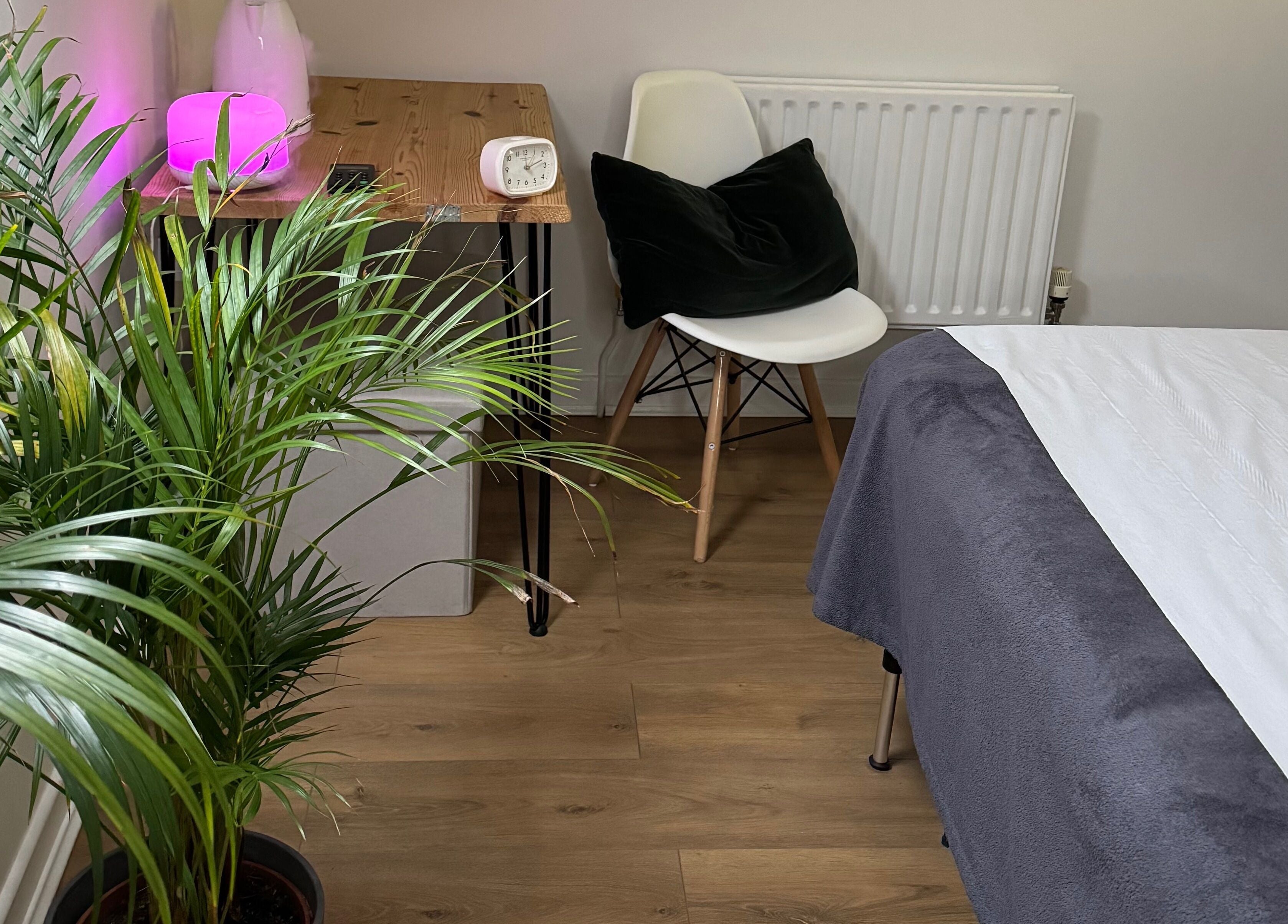 Relaxing treatment room at Natural Beauty Cardiff, Cardiff, Wales, GB with lush plants and cozy decor.