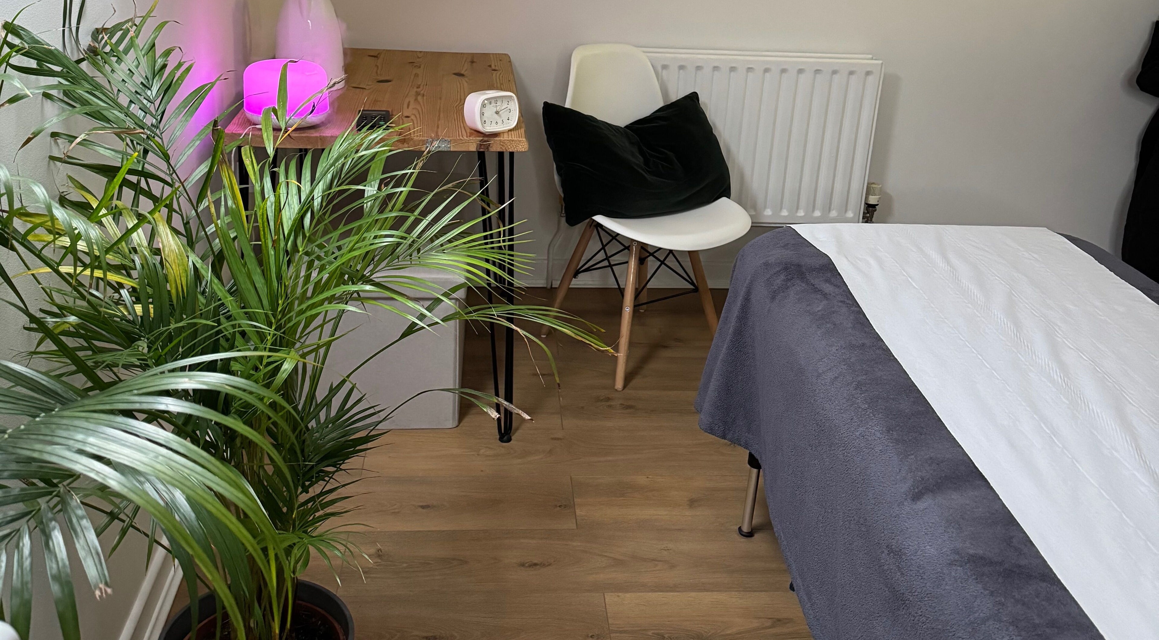 Relaxing treatment room at Natural Beauty Cardiff, Cardiff, Wales, GB with lush plants and cozy decor.