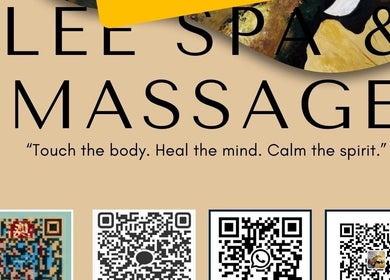 Promotional image for Lee Spa & Massage in Đà Nẵng, VN featuring QR codes and relaxing slogan.