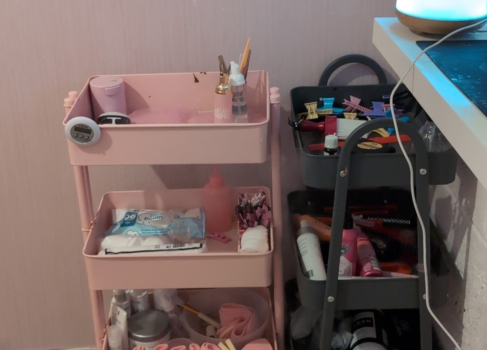 Halo Hair & Beauty's organized pink cart with beauty supplies in Nuneaton, England, GB.