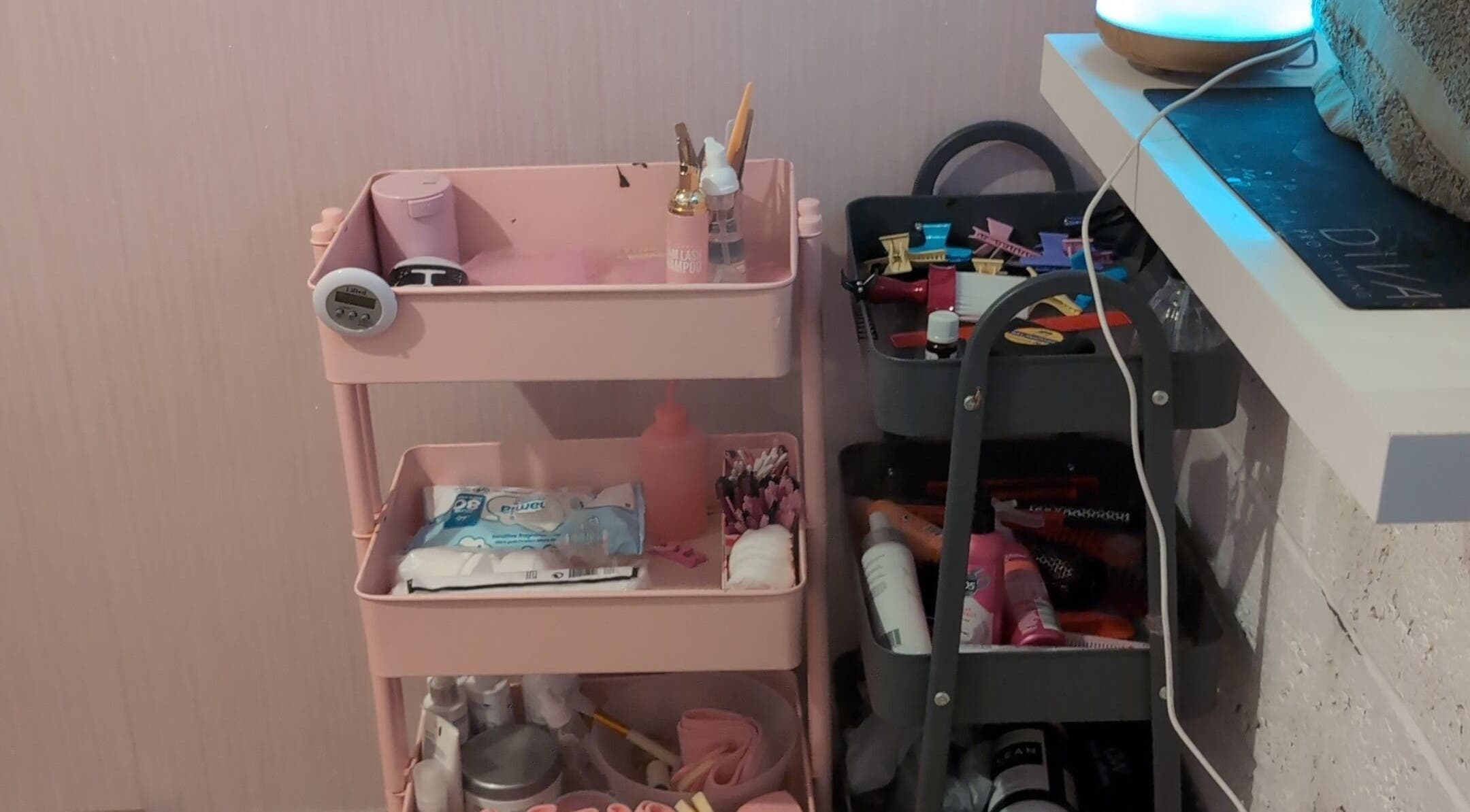 Halo Hair & Beauty's organized pink cart with beauty supplies in Nuneaton, England, GB.