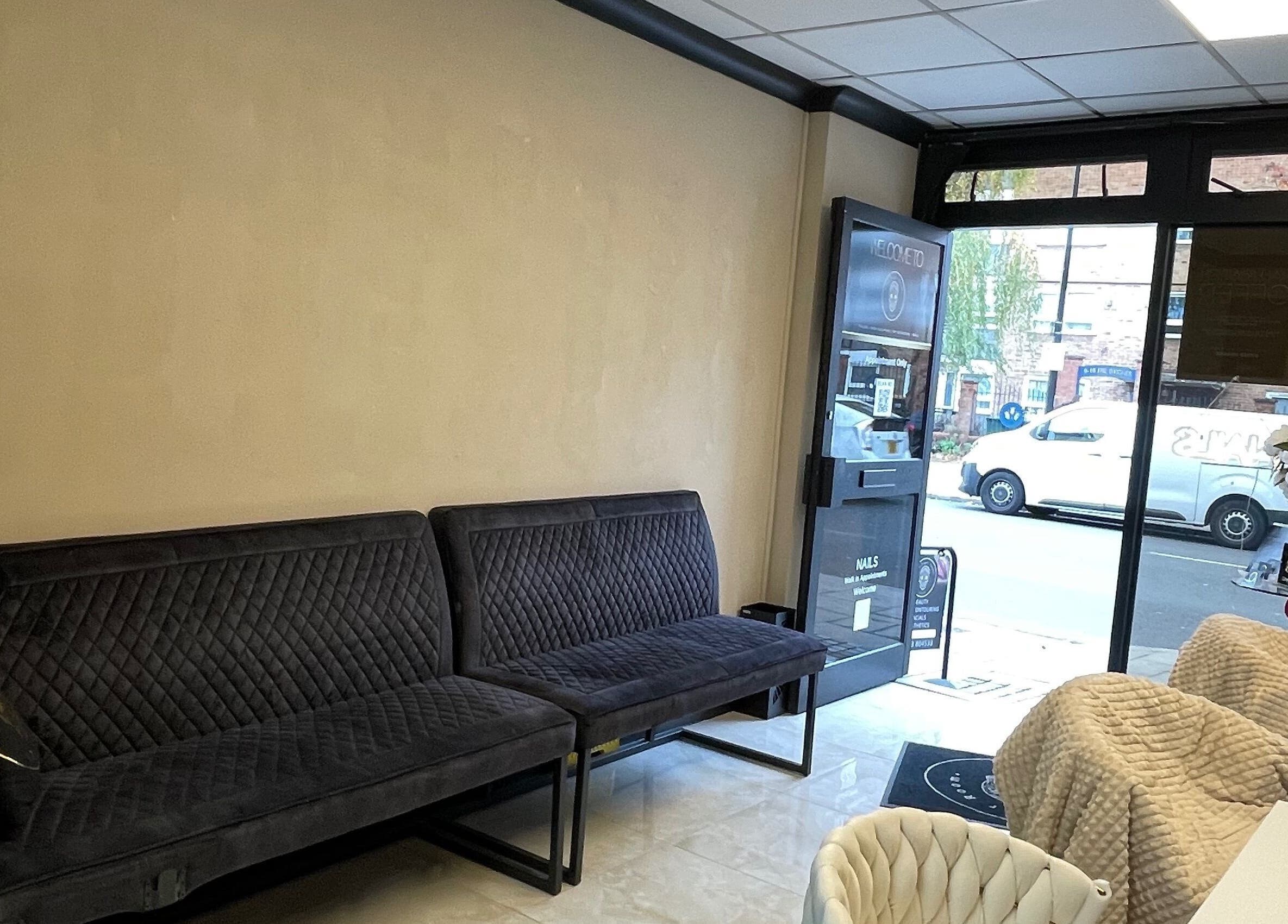 Elegant waiting area at Mannor Park Nails, 1 min from station, cash only, London, England, GB.