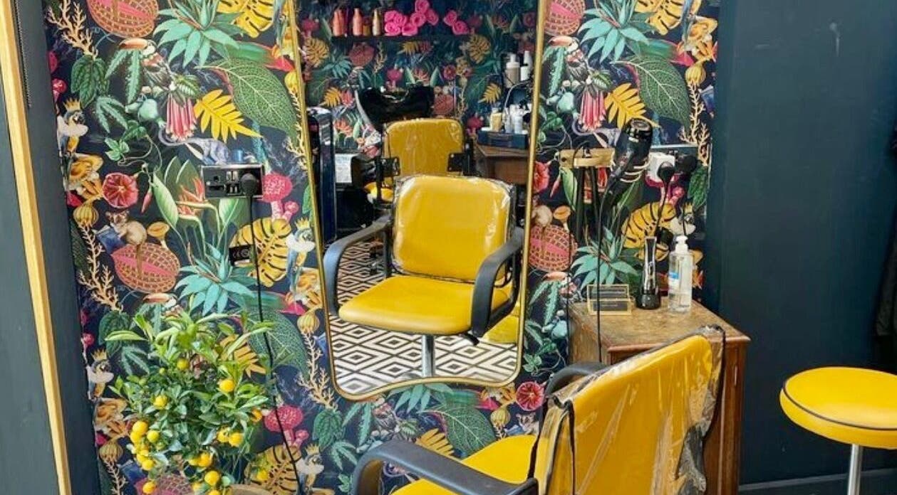 Colorful corner at Hush Secret Salon, Bristol, United Kingdom, GB with a yellow chair and tropical decor.