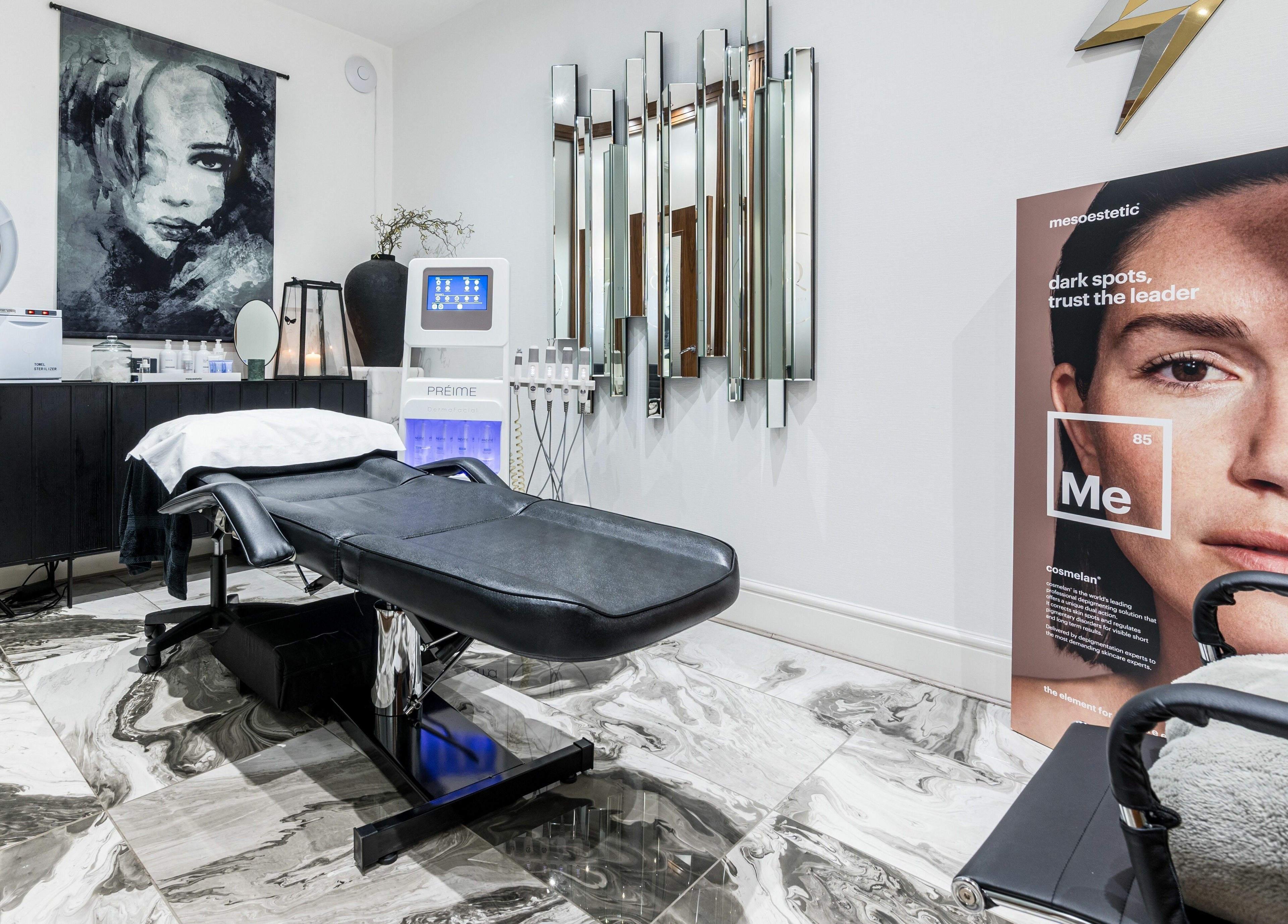 The Skin Quartz in Manchester, England, GB features a stylish treatment room with modern aesthetics.