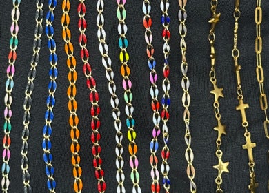 Variety of colorful chains displayed at Polished by Jillian, Winnemucca, Nevada, US.