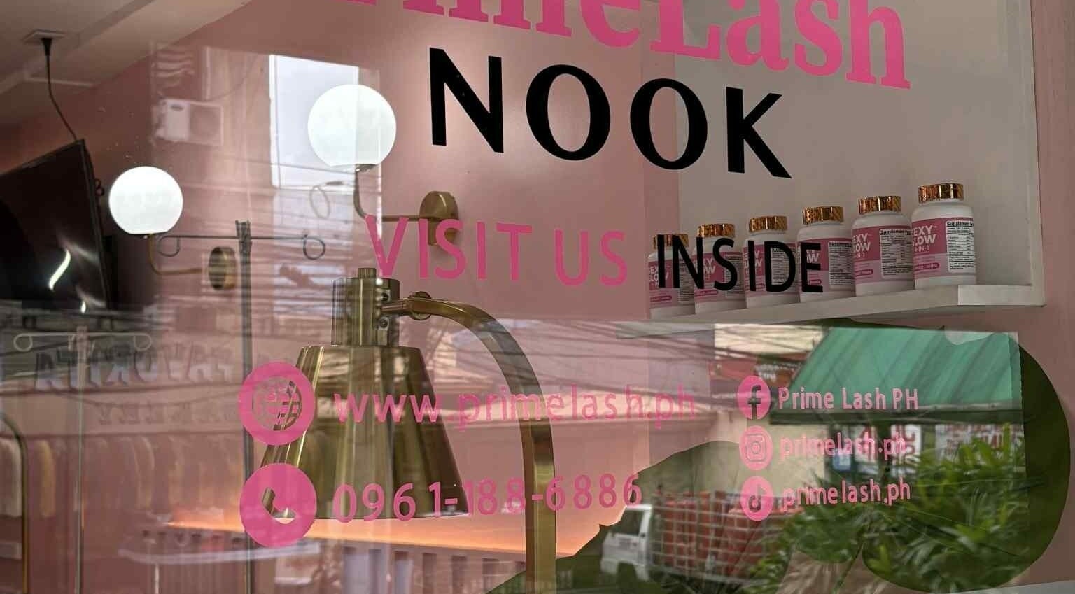 Prime Lash Nook - SM BF Paranaque window reflection, inviting visitors. Located in Parañaque, Metro Manila, PH.