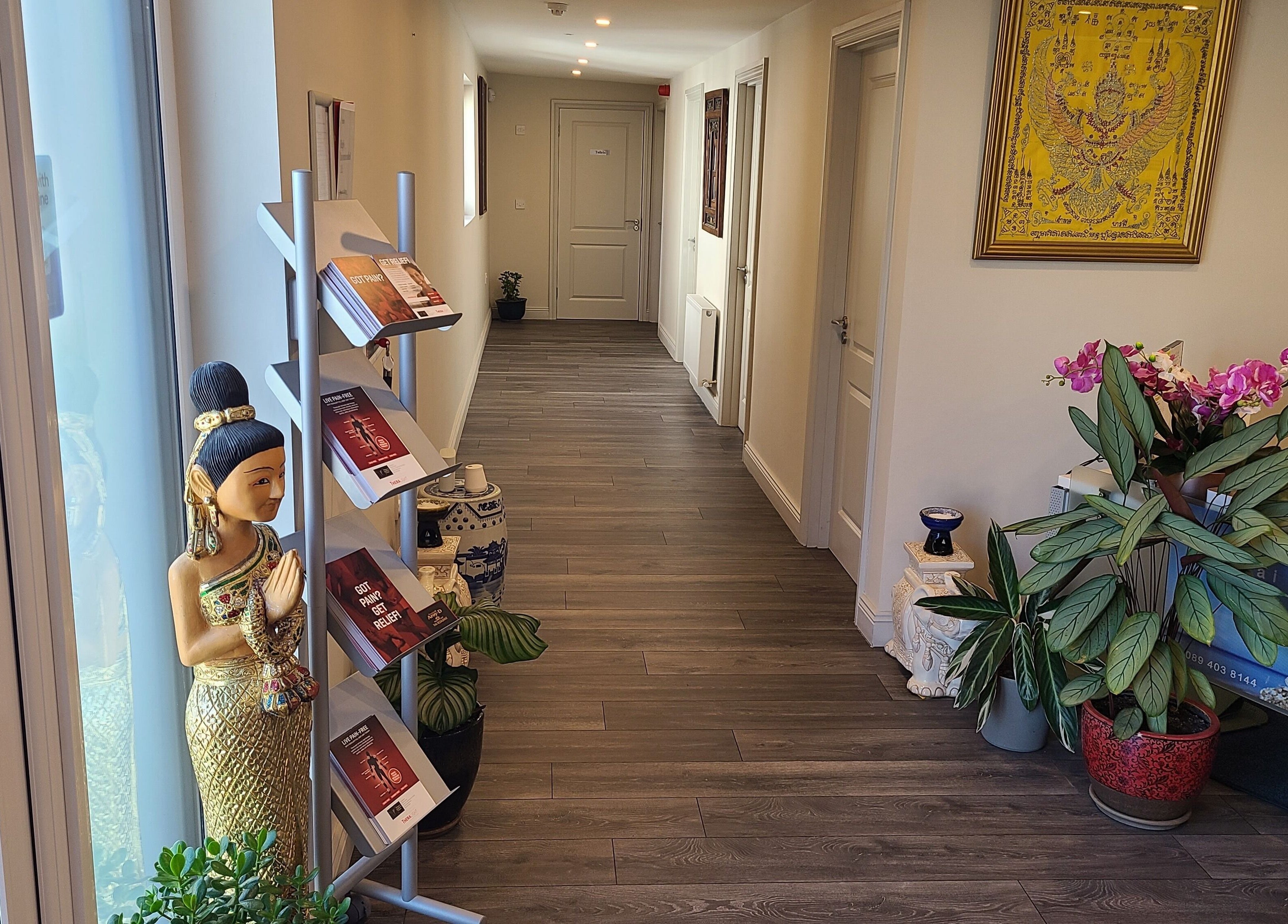 Elegant hallway with decor at Phoenix Wellness, Gorey, Ireland, IE. Inviting ambiance and vibrant plants.