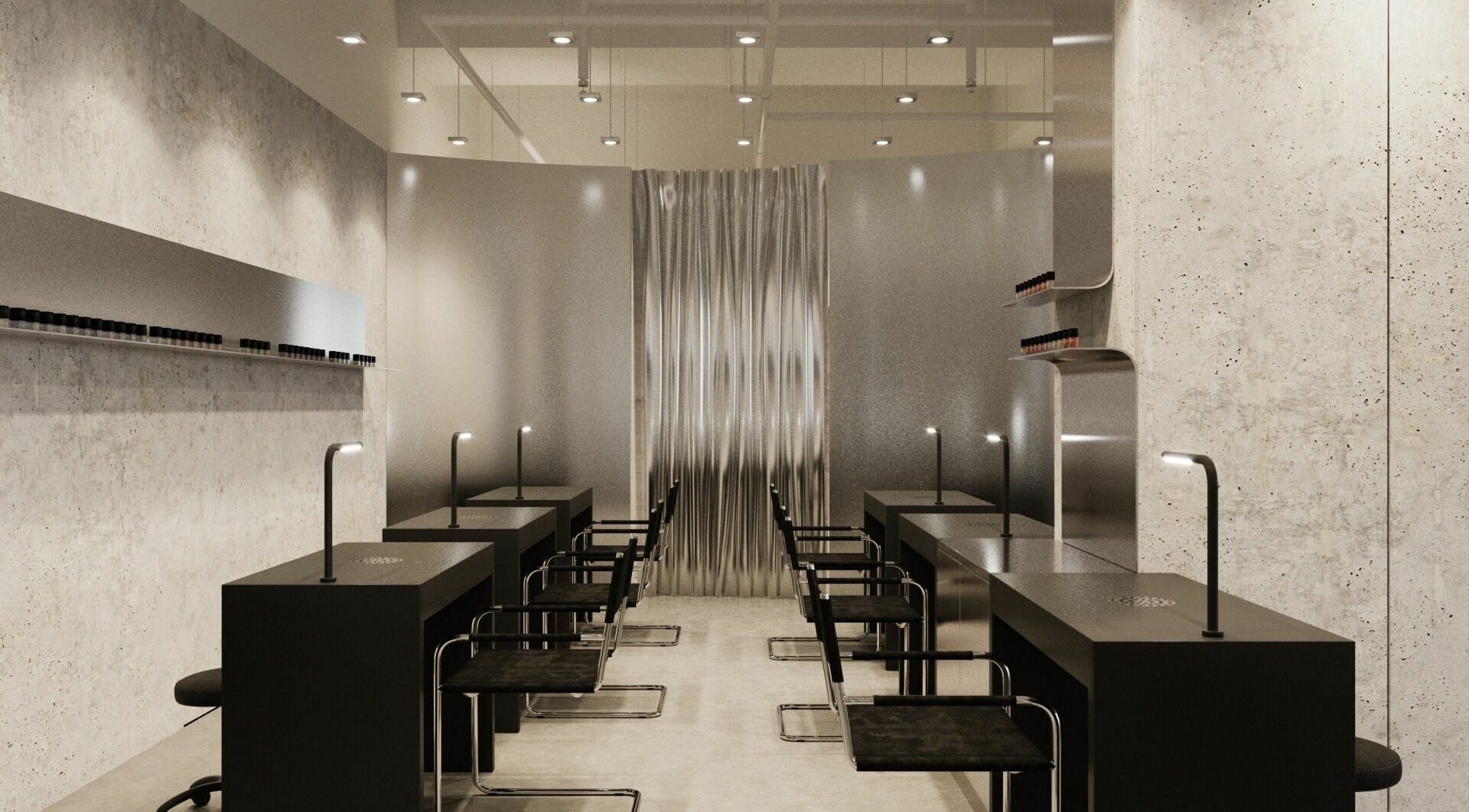 Modern interior of Muse Nail Studio in Dubai, Dubai, AE with sleek black tables and ambient lighting.