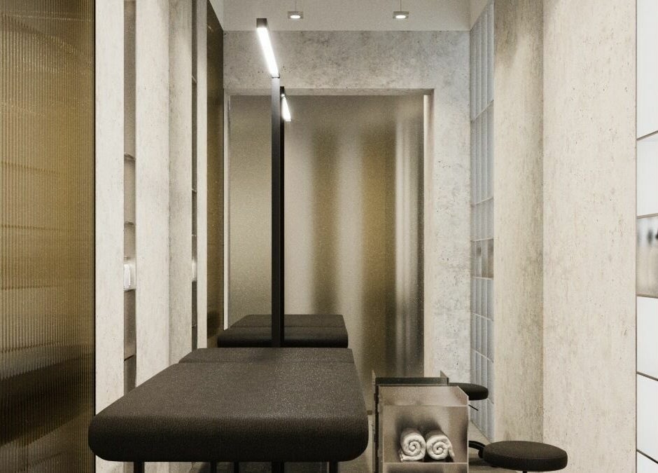 Modern nail studio interior at Muse Nail Studio, Dubai, Dubai, AE, featuring sleek black seating and serene ambiance.