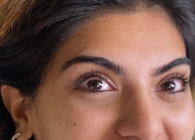 Close-up of a client's eyes after treatment at Pure Nine Beauty (Harborne), Birmingham, England, GB.