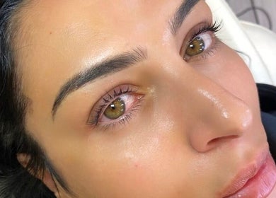 Close-up of flawless eyebrows and lashes at Pure Nine Beauty (Harborne), Birmingham, England, GB.