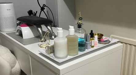 Nail care station at Maison de Maya, Basildon, England, GB featuring elegant tools and products.