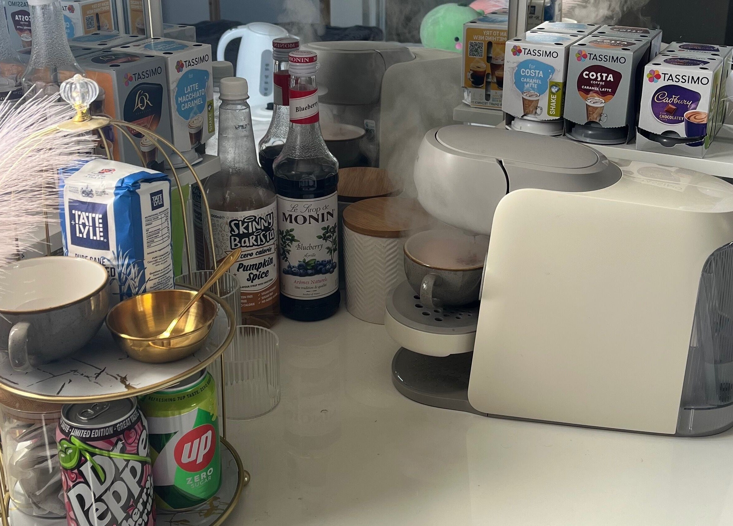 Coffee station at Maison de Maya, Basildon, England, GB with Tassimo pods and syrups.