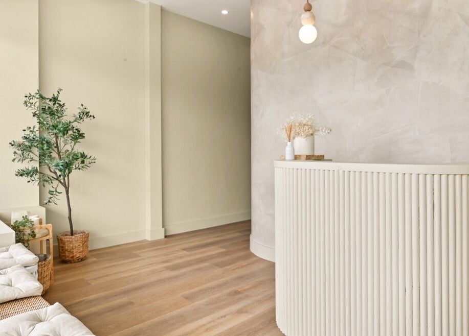 Exhale Holistic Skin's calming reception with modern decor in Bentleigh East, Victoria, AU.