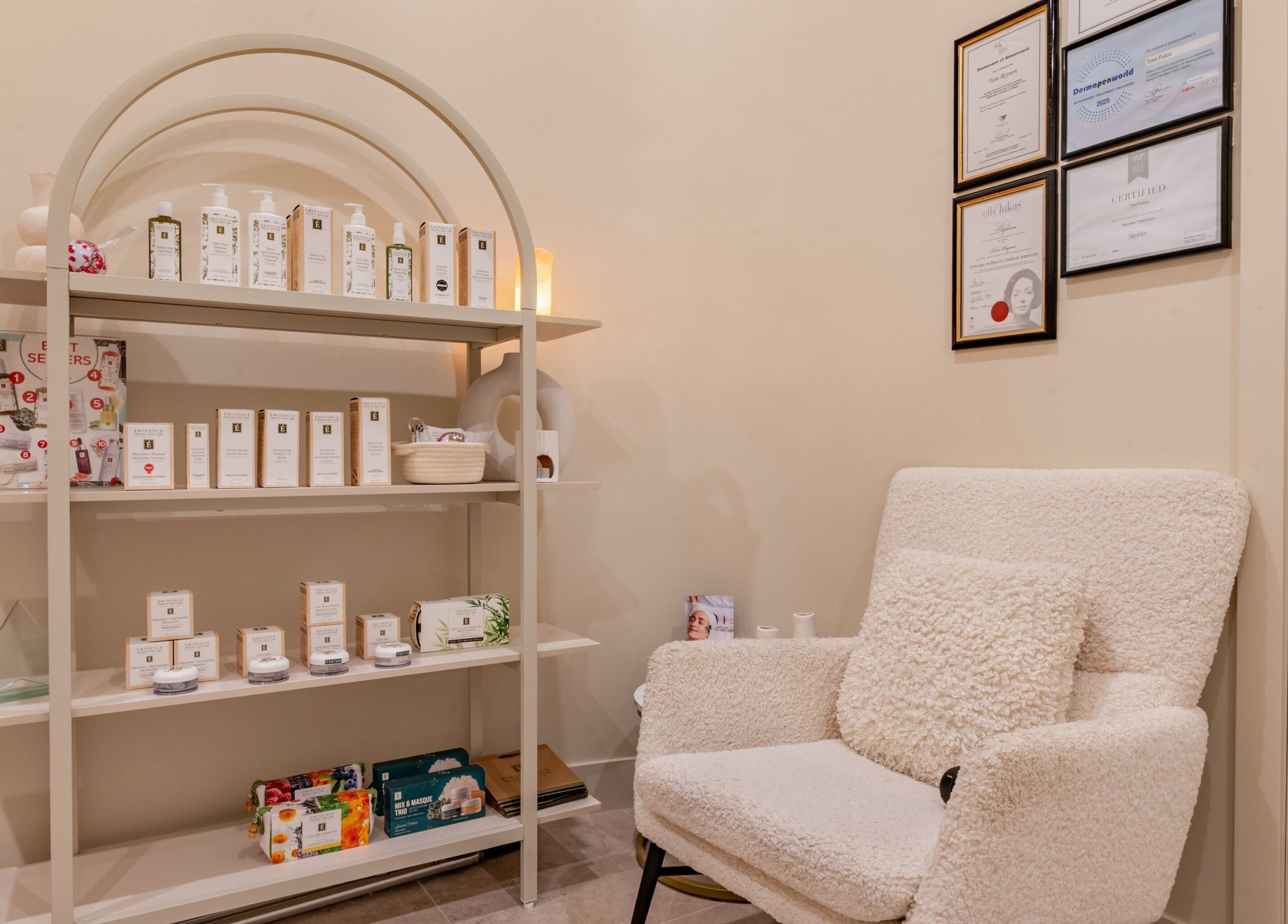 Cozy corner with skincare products at Exhale Holistic Skin, Bentleigh East, Victoria, AU.