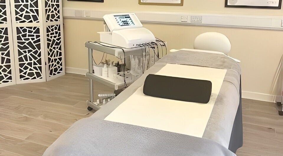 Treatment room at Christol Beauty, Douglas, Isle of Man, GB with massage table and equipment cart.