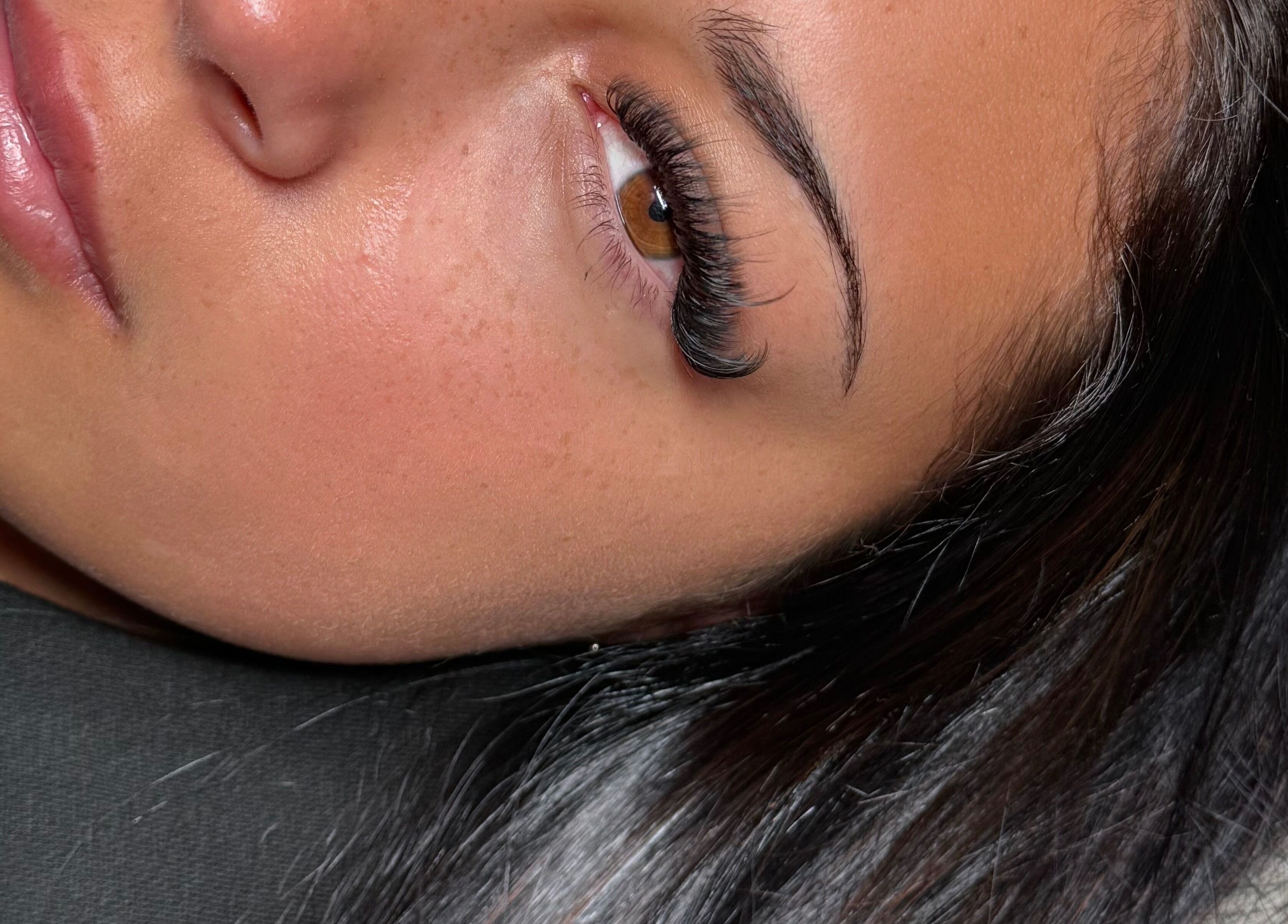 Close-up of flawlessly applied eyelash extensions at Byellejl in Hyde, England, GB, highlighting beauty treatments.