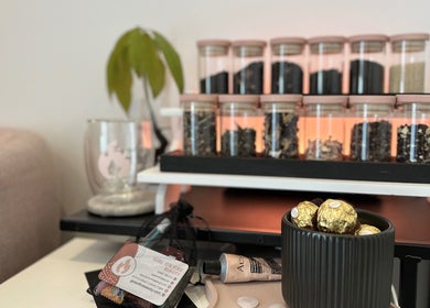 Stylish tea display with beauty products at Girl On Fire Beauty, Taylor, Australian Capital Territory, AU.