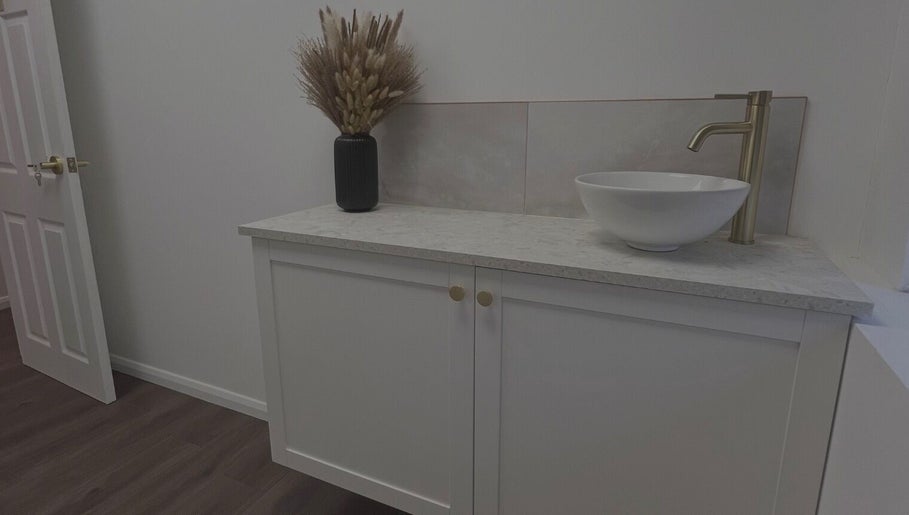 Elegant vanity with vessel sink at Refine Hair and Beauty, Plymouth, England, GB.