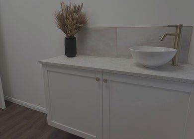 Elegant vanity with vessel sink at Refine Hair and Beauty, Plymouth, England, GB.