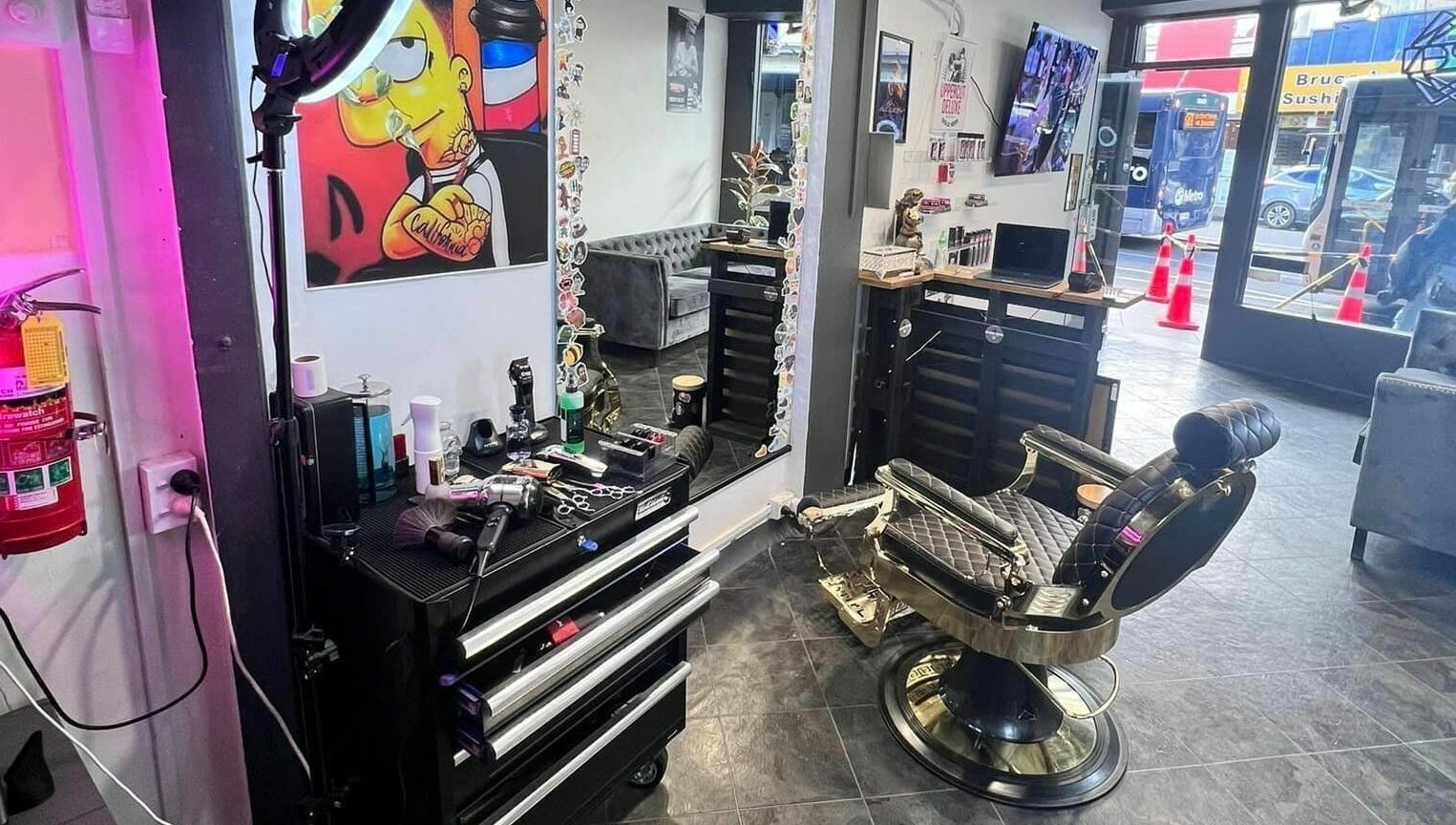 Interior of Studio Image Barbershop in Auckland, Auckland, NZ featuring stylish chair and grooming tools.