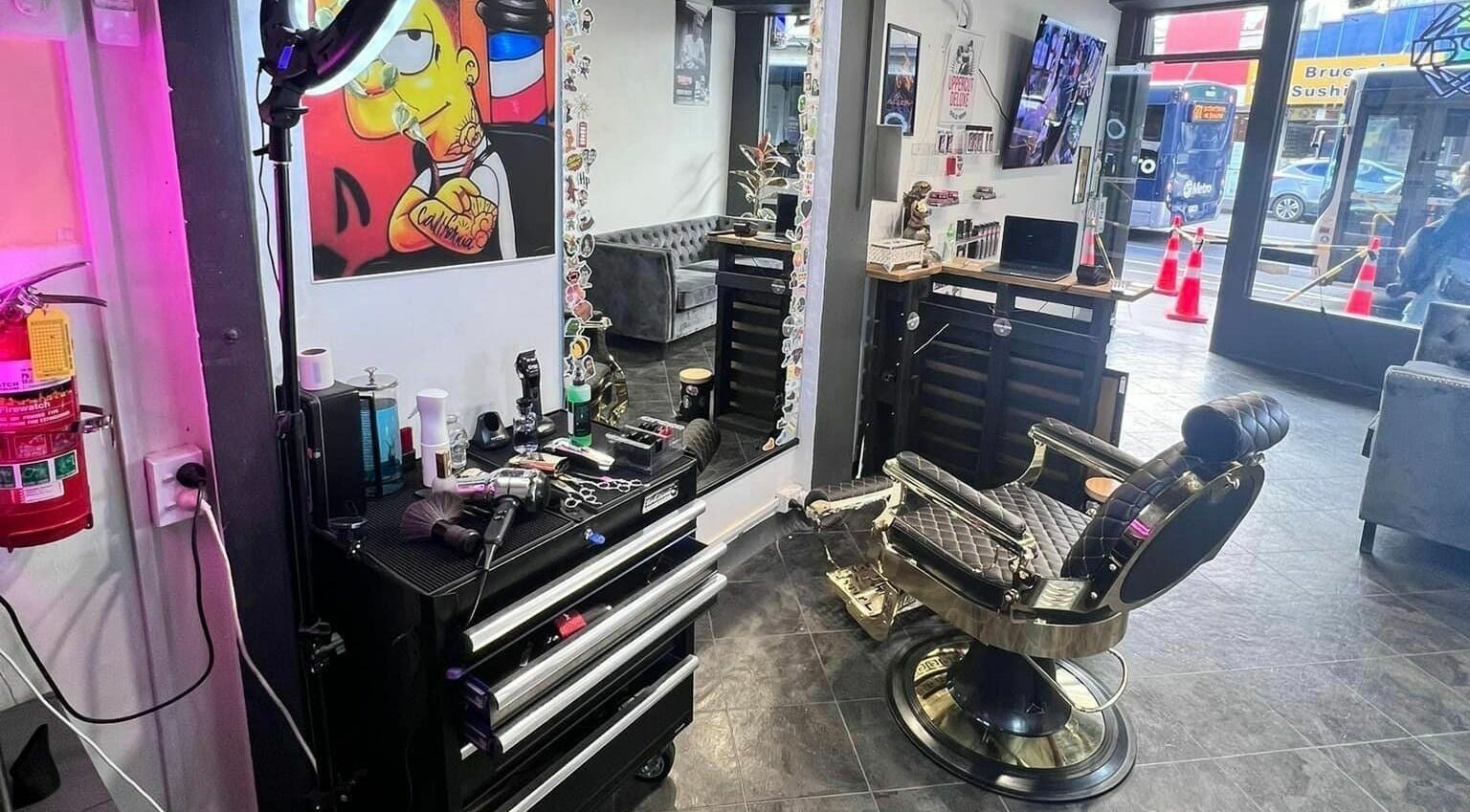 Interior of Studio Image Barbershop in Auckland, Auckland, NZ featuring stylish chair and grooming tools.